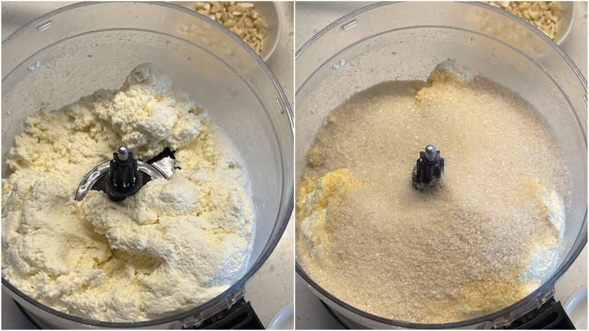 “Blending fresh chhena in food processor, then adding sugar to prepare Chenna Poda batter.”