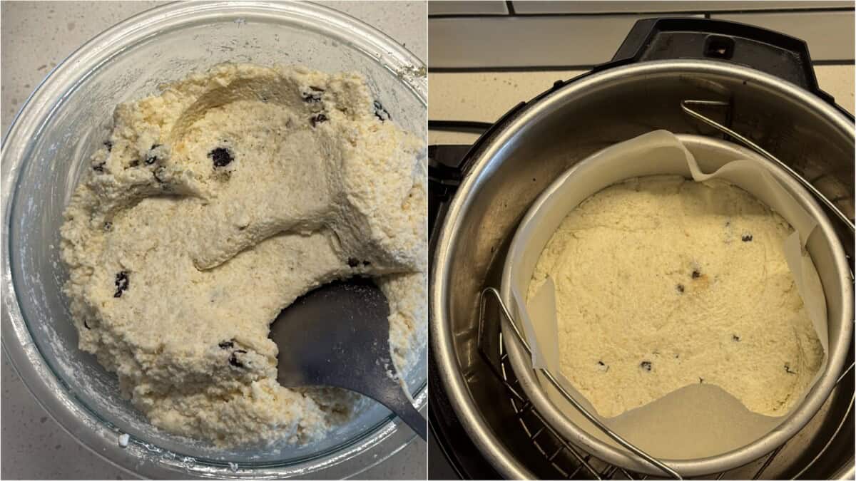 “Chenna poda batter with raisins in bowl, and mixture poured into a parchment-lined tin inside air fryer basket.”