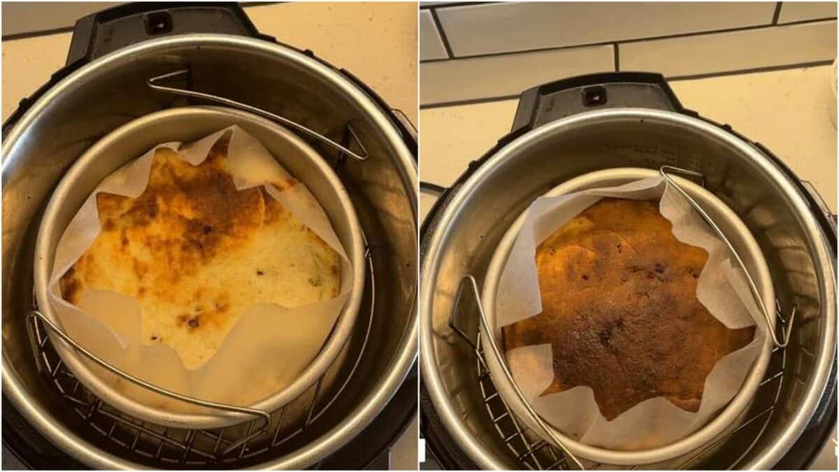 Chenna Poda baking in air fryer — first stage with light golden crust, followed by fully baked caramelized top.”