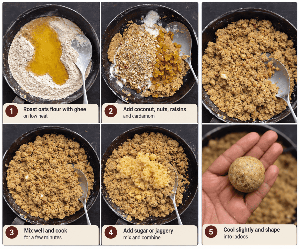 stovetop oats ladoo with roasted oats ghee almond flour coconut and sugar