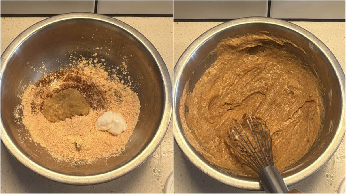 Mixing yogurt, spices, and ginger-garlic paste to prepare paneer tikka marinade, then whisking into a smooth mixture.