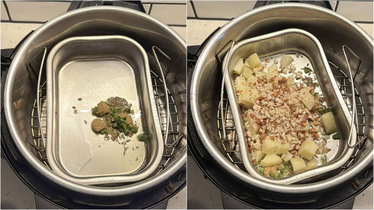 Left (Step 1): Preheated air fryer tray with oil, cumin seeds, chopped green chillies, and grated ginger for tempering.

Right (Step 2): Boiled potato cubes and crushed peanuts added to the air fryer tray after tempering.