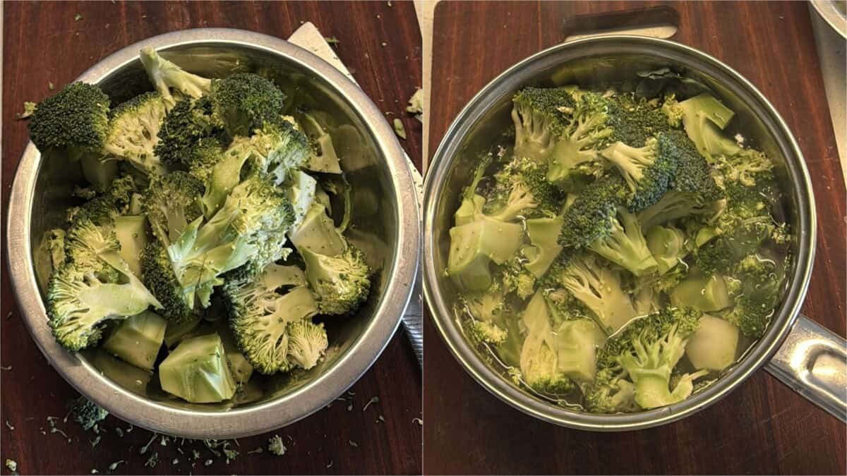 Fresh broccoli florets before and after blanching in hot water for tofu kofta recipe