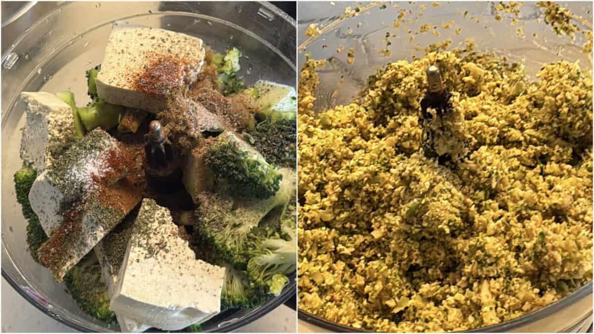 Broccoli, tofu, and spices in food processor before and after blending into kofta base