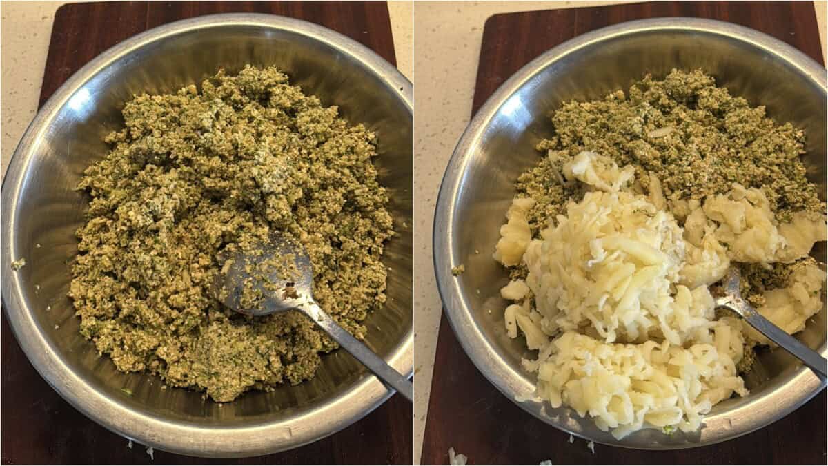 Grated boiled potatoes being mixed into the tofu broccoli cutlet mixture