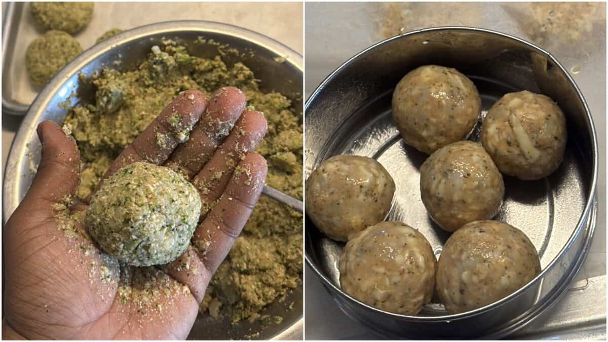 Hand shaping round broccoli tofu koftas and placing them in a greased container