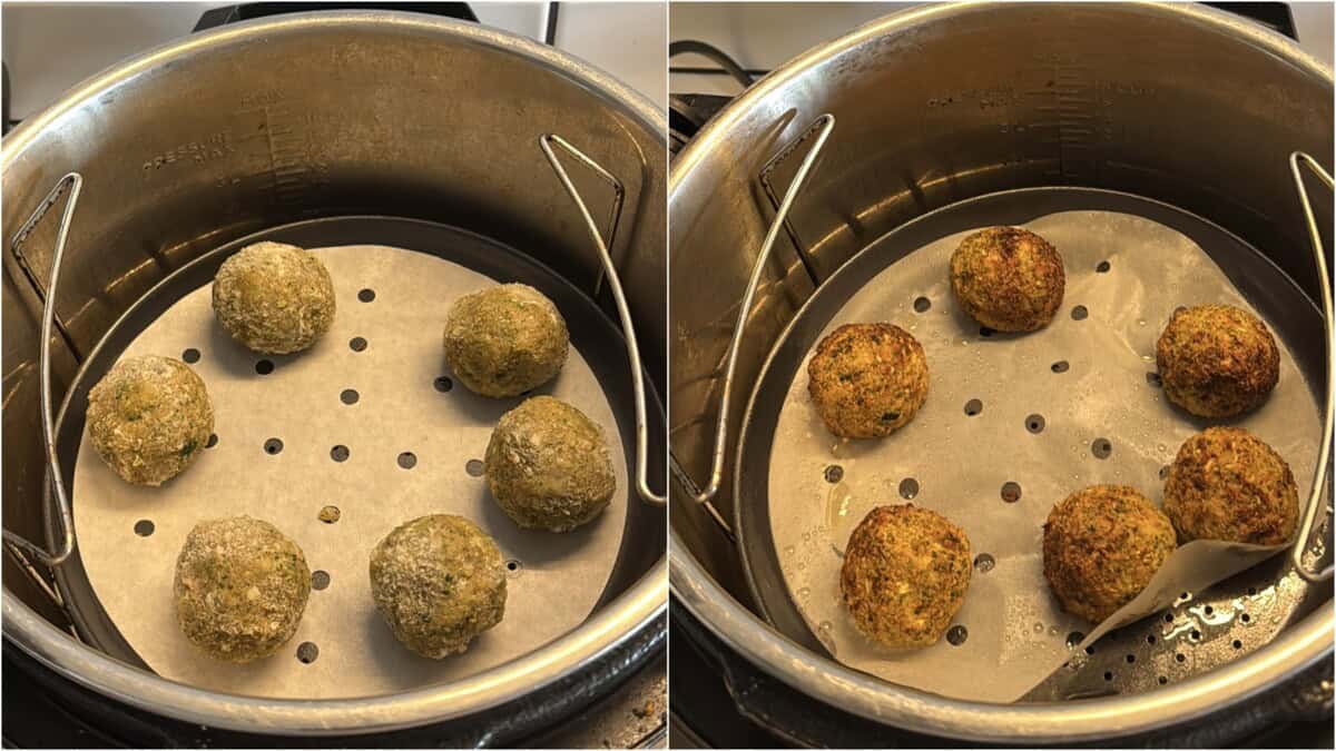 Before and after air frying broccoli tofu koftas using an Instant Pot or paniyaram tray