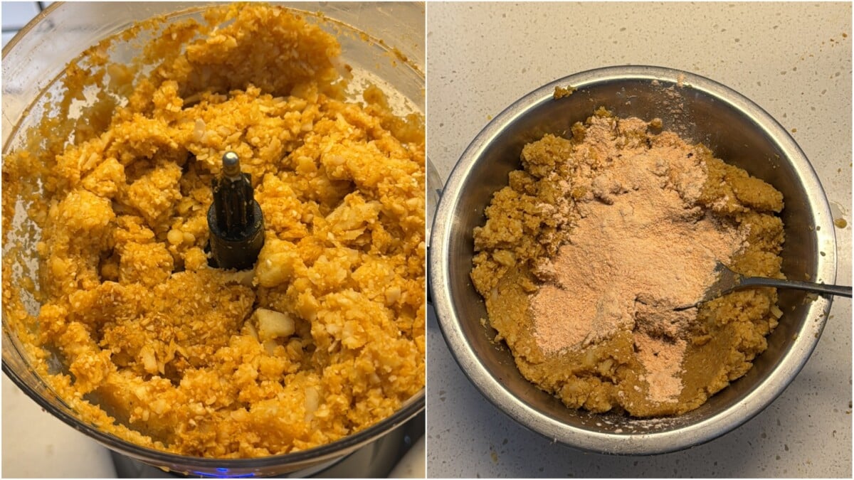 Left: Red lentil flour sprinkled over the cauliflower-potato mixture in a bowl. Right: A hand forming a round cauliflower cutlet.