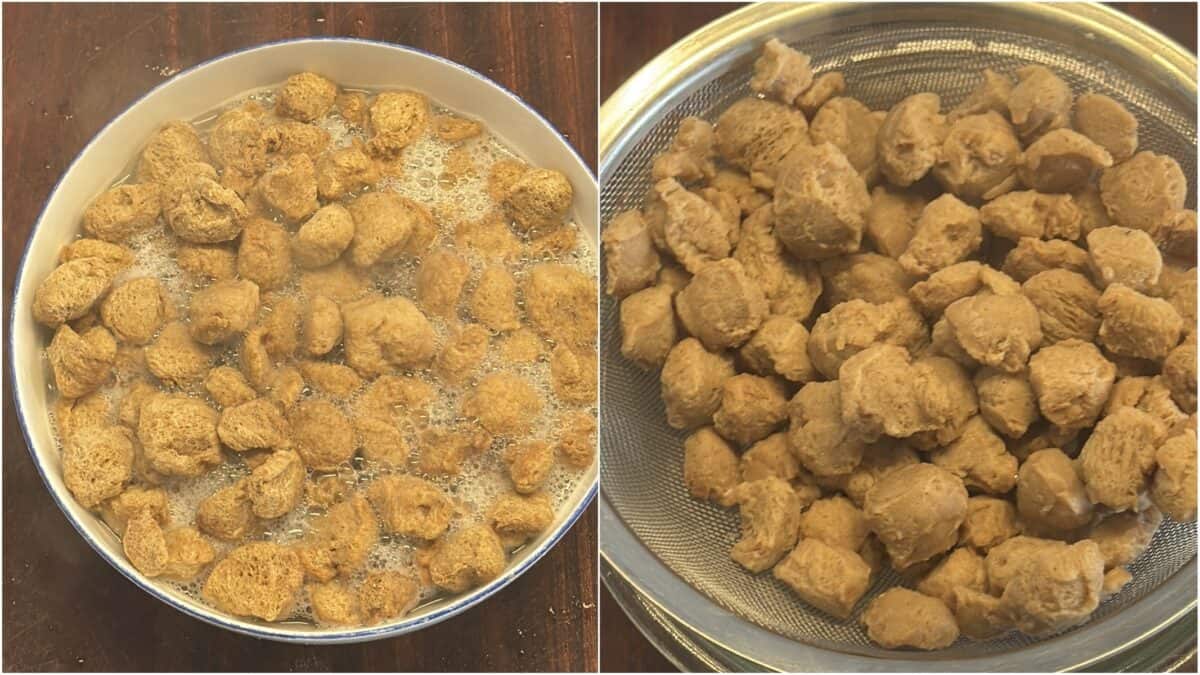 Soya chunks soaked in hot water, then drained in a sieve.