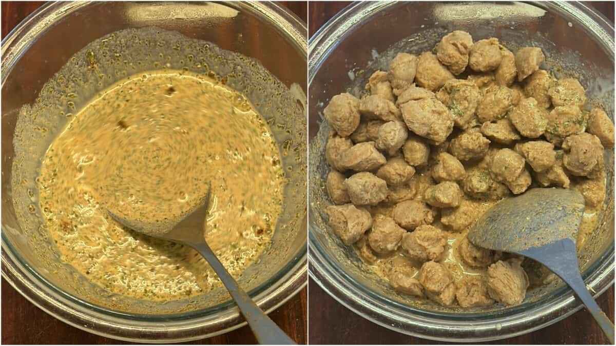 Soya chunks marinated in coconut milk and spices.