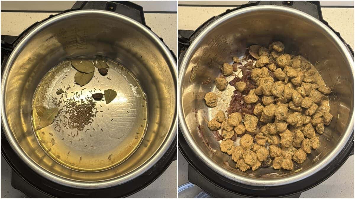 Whole spices tempered in oil and marinated soya chunks added to pot.