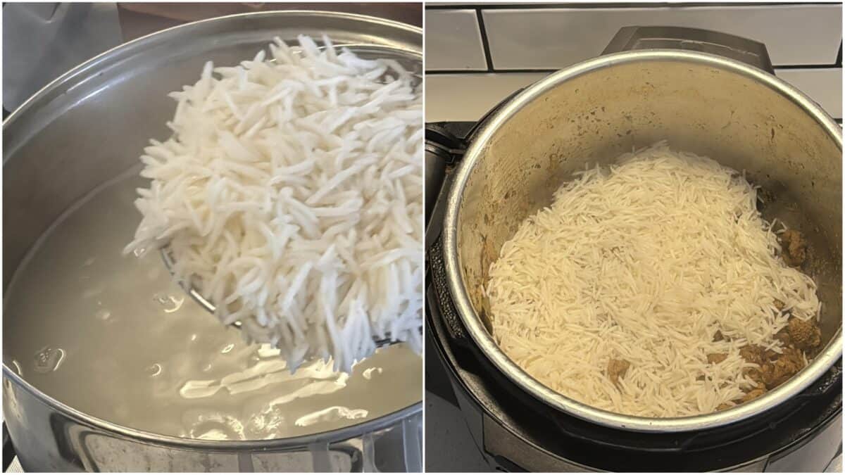Parboiled basmati rice being layered over cooked soya chunks in the pot.
