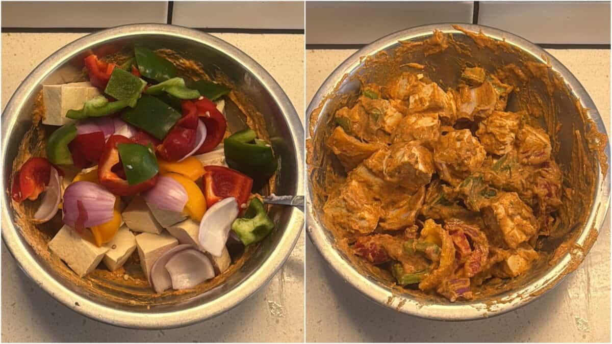 Dry spices, ginger garlic paste, and vegan yogurt added to a bowl of chickpea flour for tandoori marinade.
