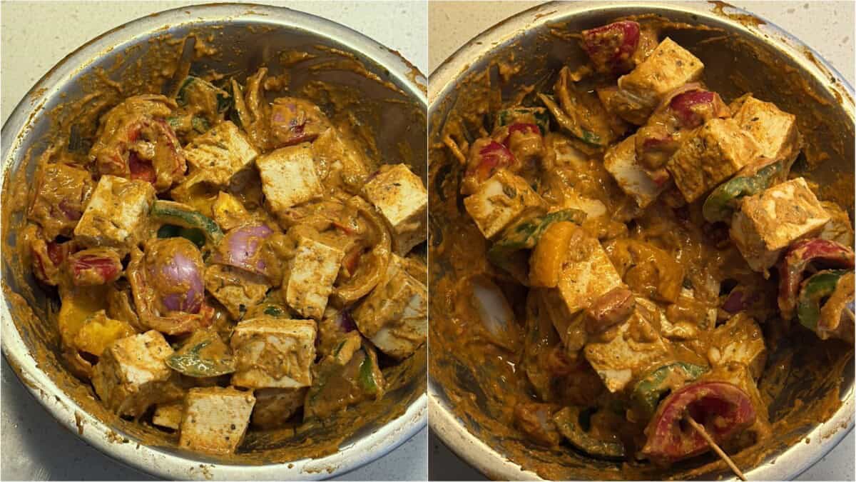 Tofu and vegetable pieces coated in marinade and skewered on sticks