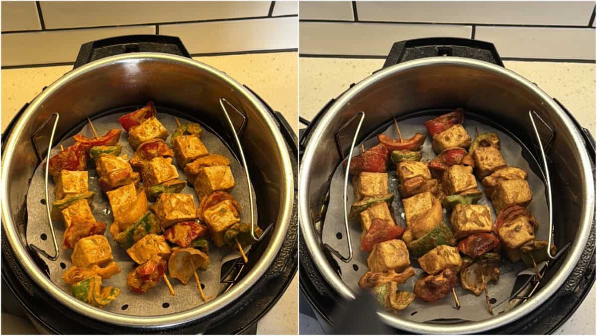 Tandoori tofu skewers arranged in air fryer basket before and after cooking.