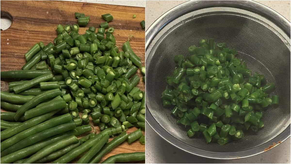 Fresh green beans chopped on a cutting board (left) and blanched beans drained in a sieve (right).
