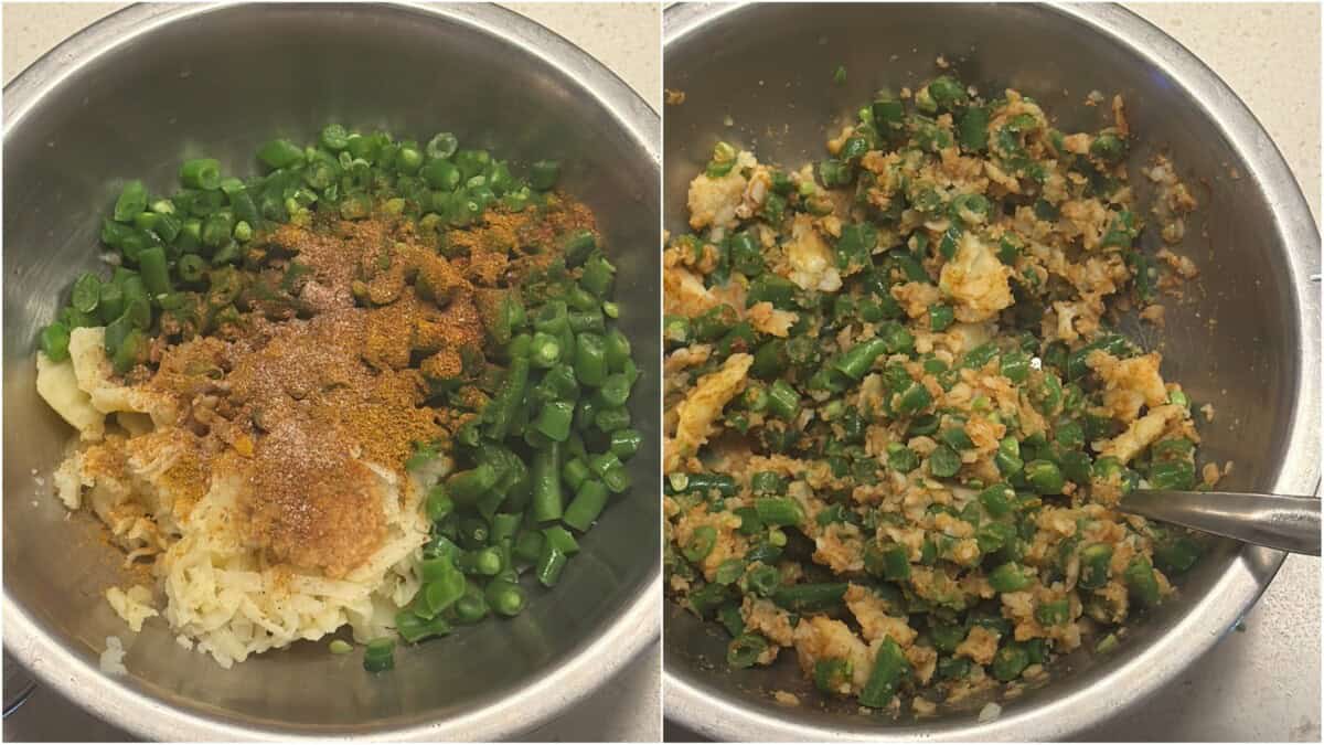 Mashed potatoes, chopped beans, and spices added to a mixing bowl (left), then combined into a cutlet mixture (right).