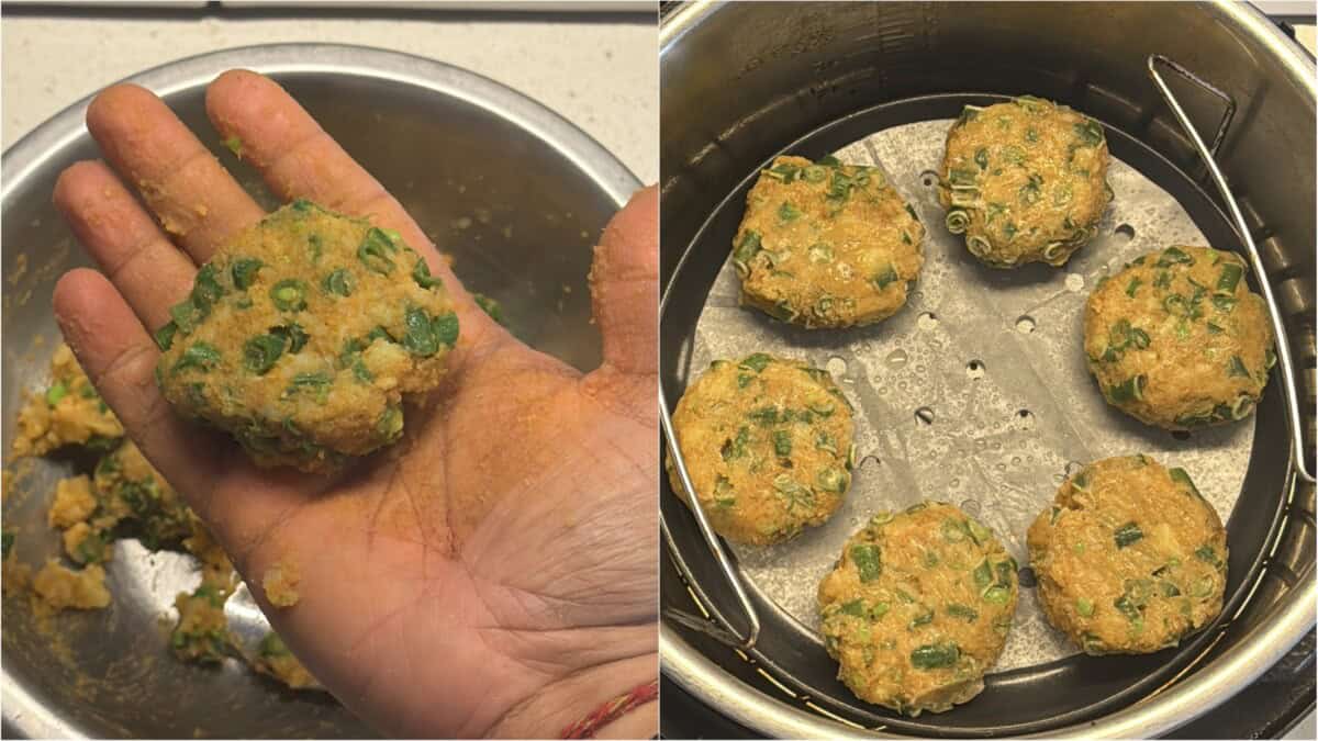 Shaping bean cutlet mixture into patties by hand (left) and arranging patties in air fryer basket before cooking (right).