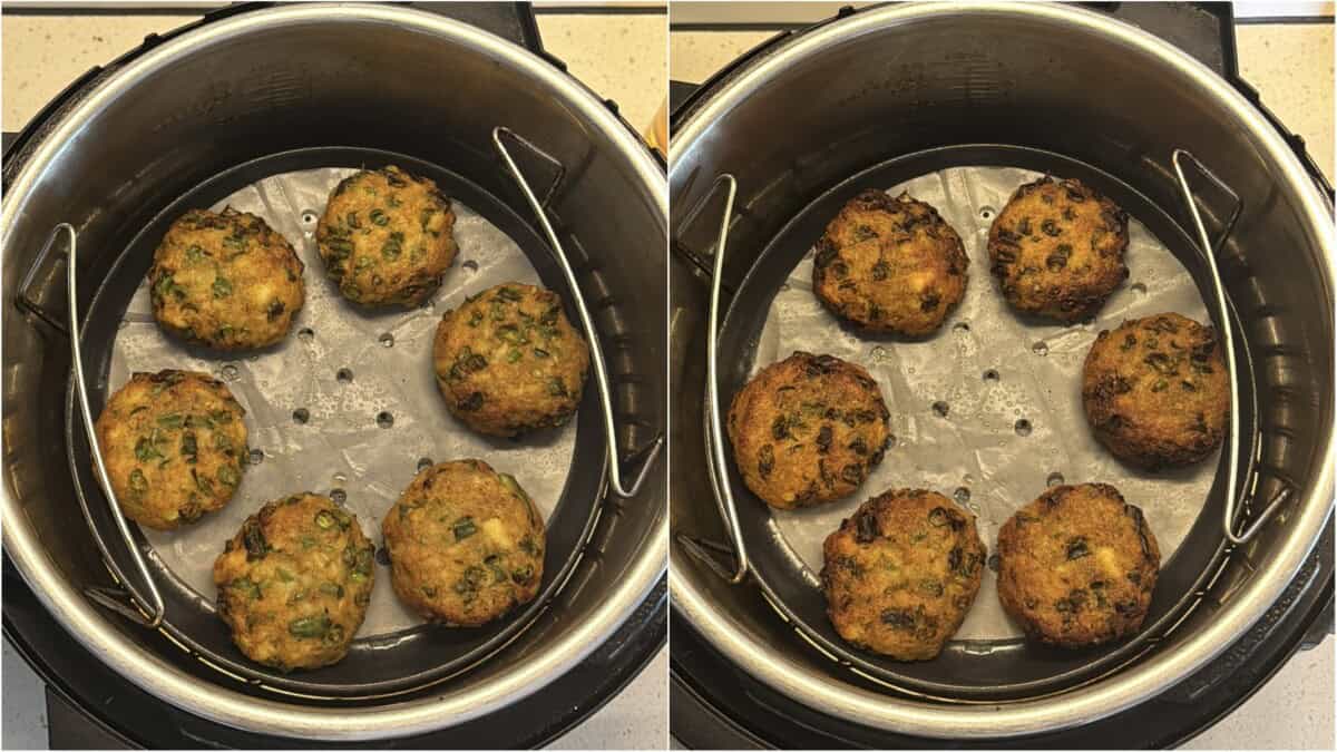 Air frying green bean cutlets – patties inside air fryer basket before cooking (left) and after turning golden brown and crispy (right).