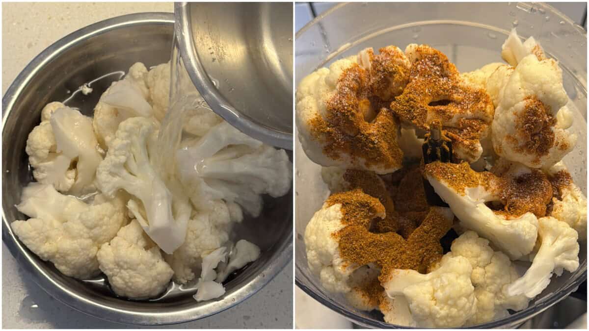 Cauliflower florets soaked in hot water and seasoned with spices in a food processor.