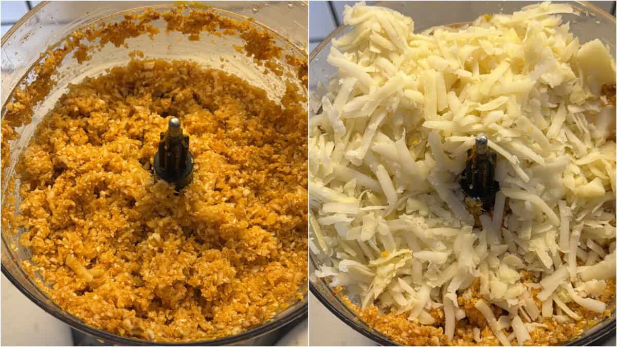 Spiced cauliflower mixture pulsed with grated potatoes and cheese.
