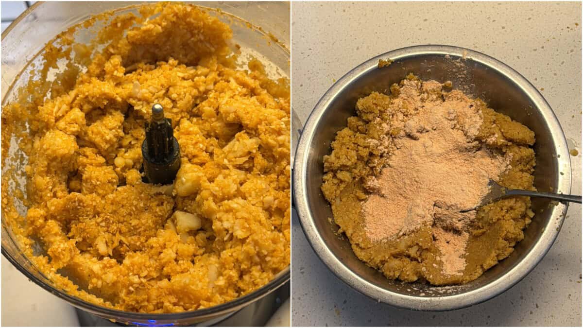 Cauliflower-potato mixture combined with chickpea flour for shaping.