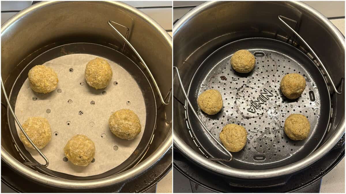 Kofta balls placed in the air fryer basket and air fried until golden brown.