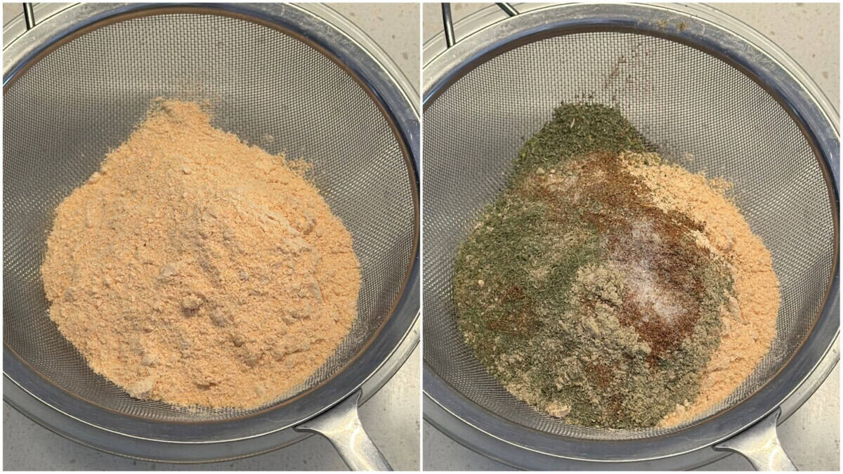 Sift lentil flour and rice flour, then mix in red chilli powder, mint powder, salt, and baking soda.