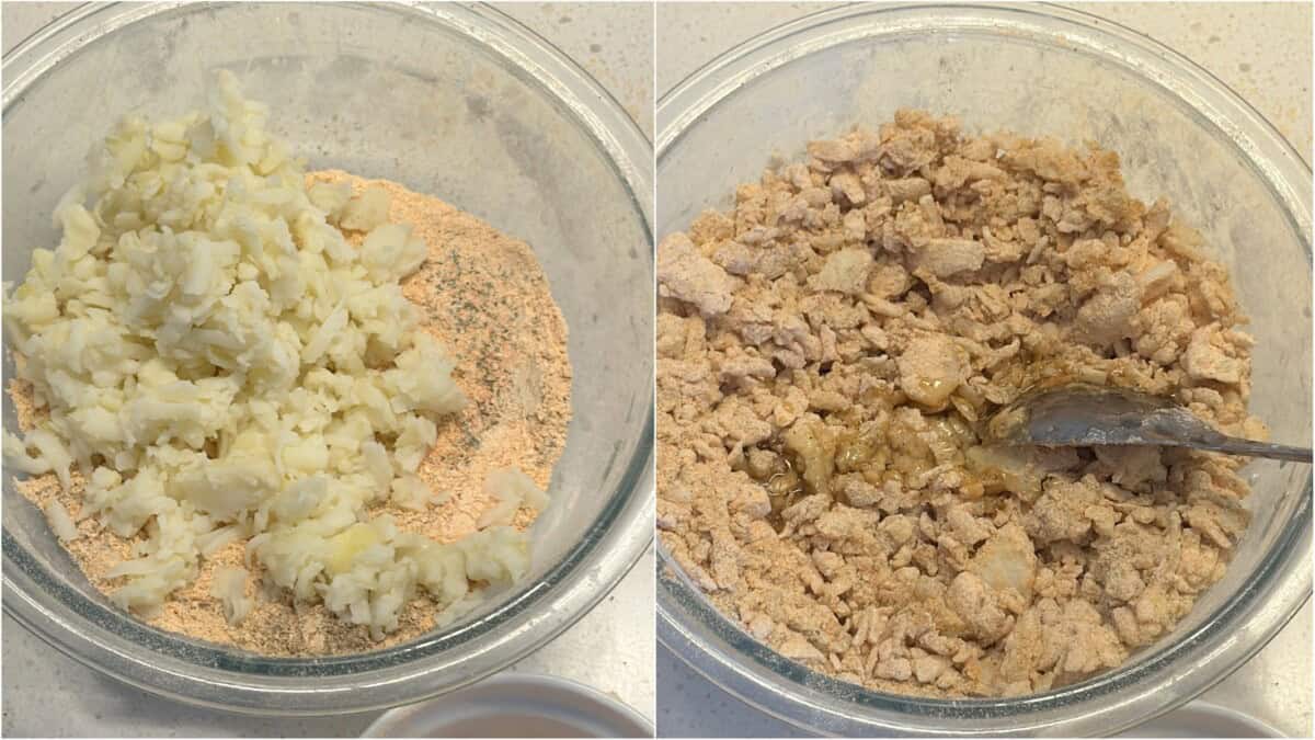 Add grated boiled potatoes to the flour mixture to form the potato mixture.