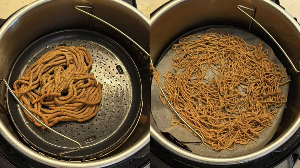 Crisp, golden aloo bhujia cooling in the basket after air frying.