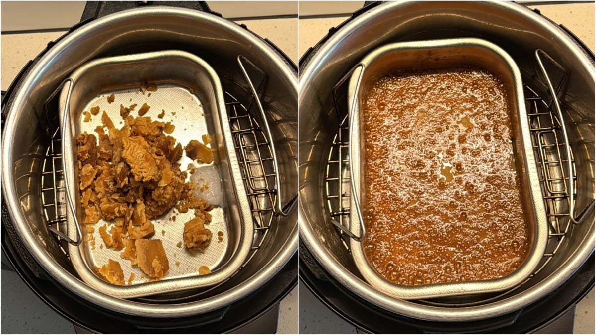 Melting jaggery in a small pan placed inside an air fryer