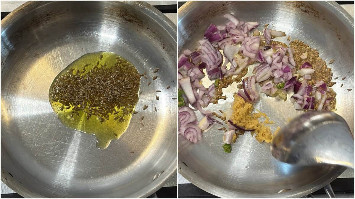 Cumin seeds heating in oil in a pan, followed by onions and ginger added for sautéing.