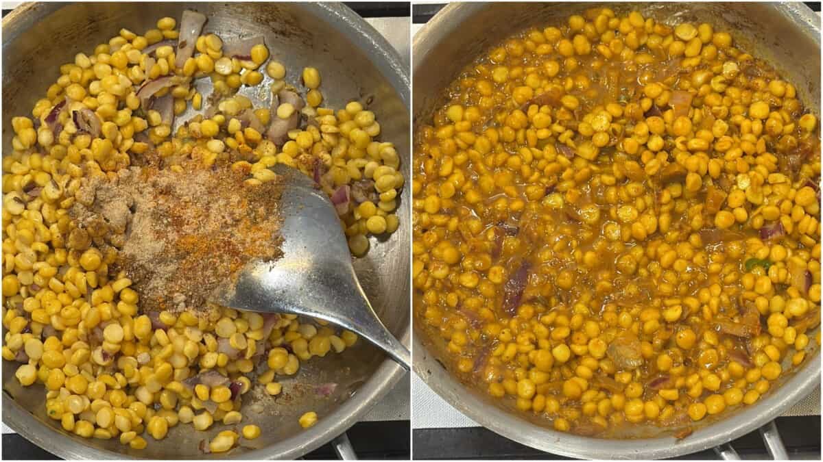 Cooked chana dal mixed with spices, then simmered with water to soften.