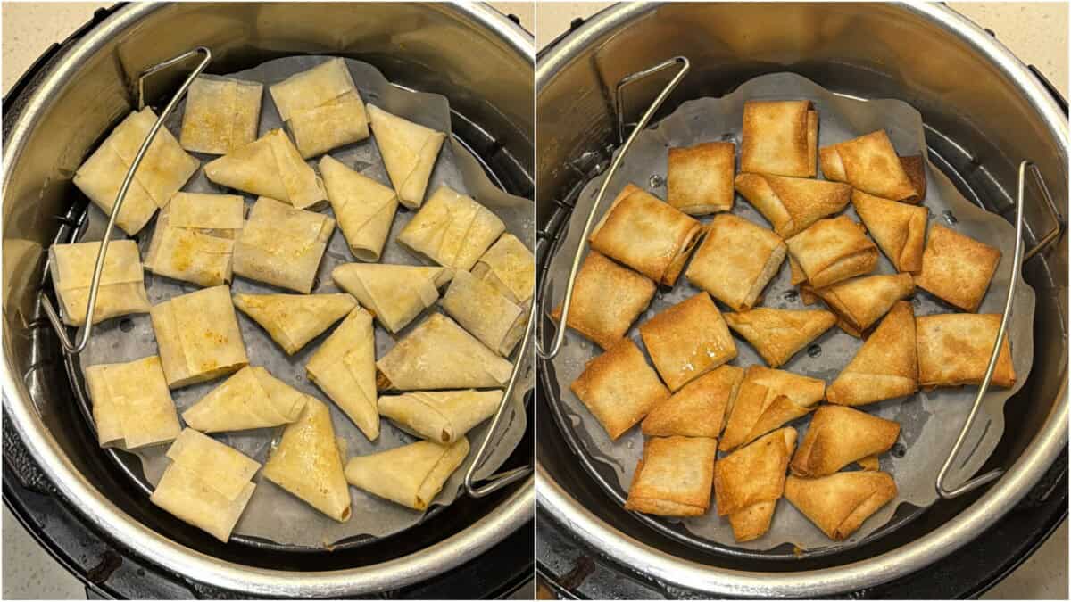 Raw mini samosas in an air fryer basket and golden air-fried samosas.