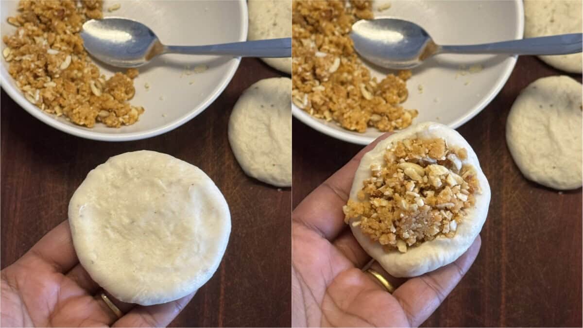 Flattening dough and adding nuts filling to center