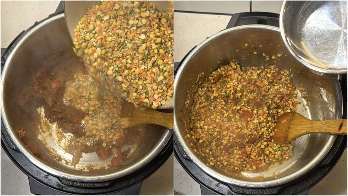 Adding soaked lentils and dry spices to cooked tomato base.