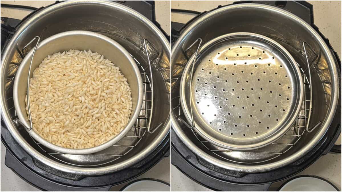 Roasting puffed rice in an Instant Pot using trivet and steel container.