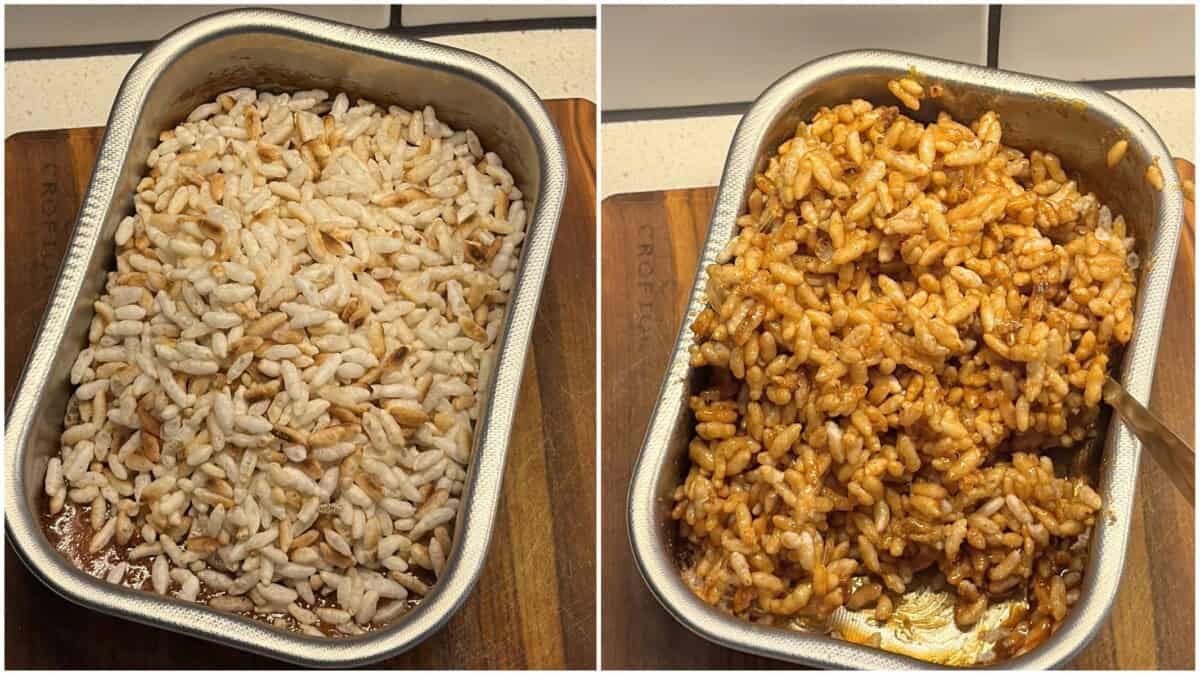 Roasted murmura added to melted jaggery in a tray.