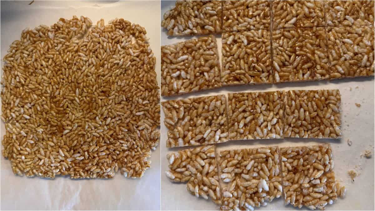 Setting murmura chikki on parchment and cutting into bars