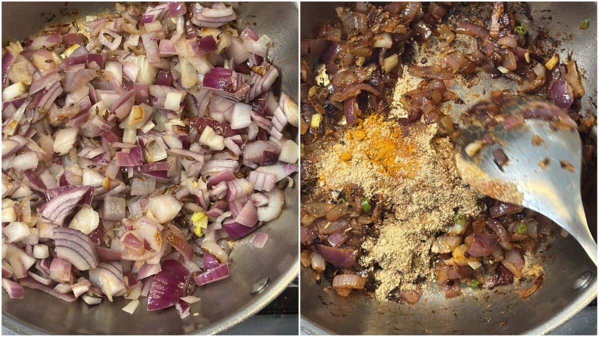 Cook onions with spices and gram flour to prepare the filling