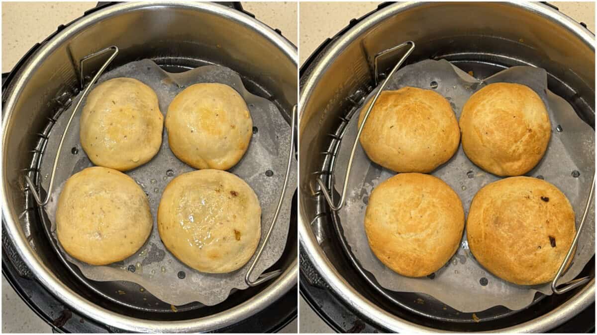 Air fry onion kachoris until golden brown and crisp