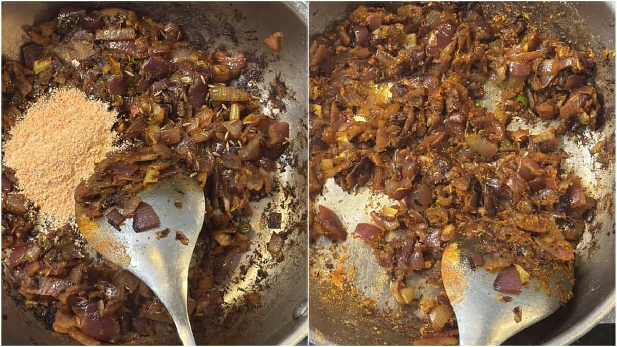 Prepare spicy onion mixture by blending sautéed onions with spice mix