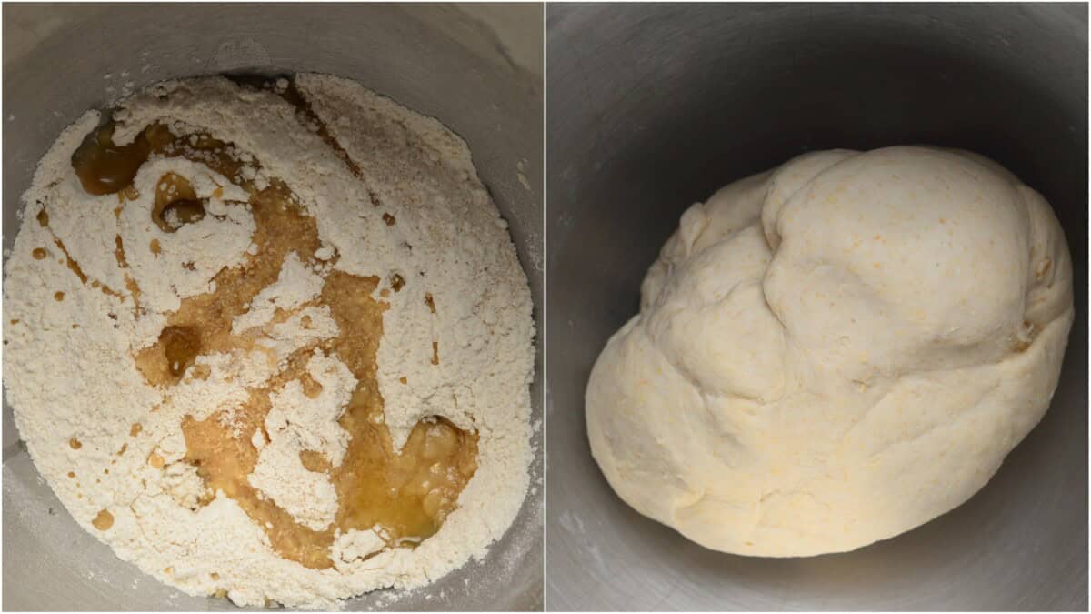 Add oil to the flour mixture and begin kneading the dough for onion kachori.