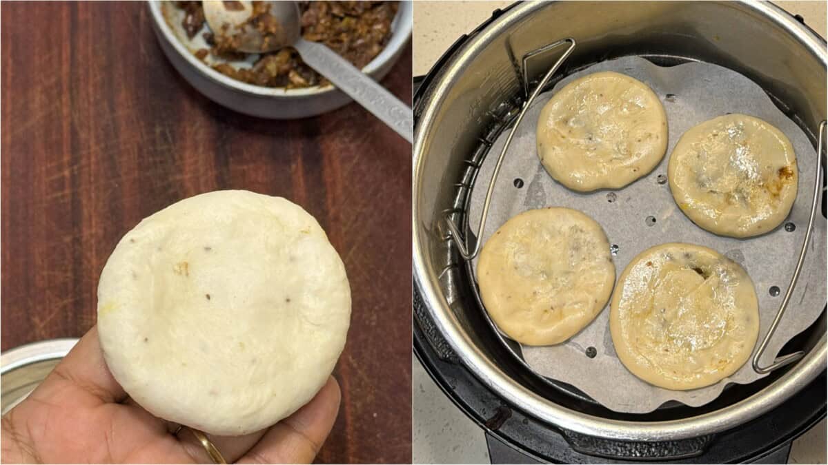 Flatten stuffed kachori and arrange inside the air fryer basket