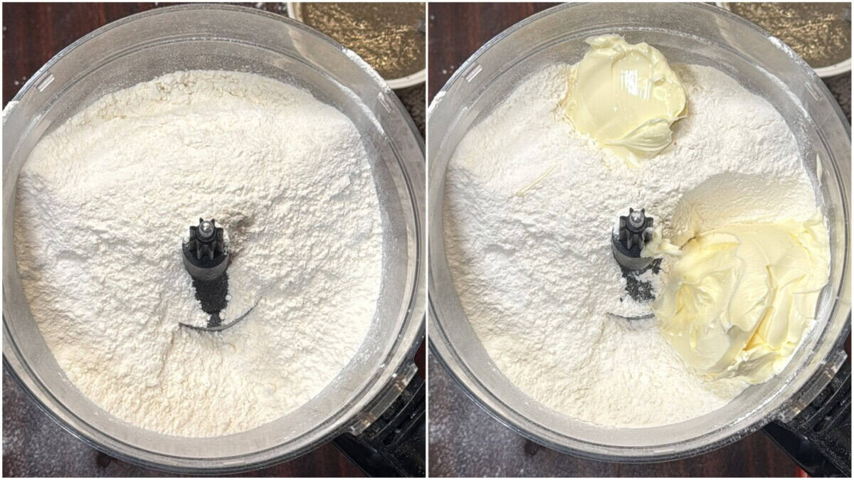 Dry ingredients and vegan butter added to food processor for vegan sugar cookie dough