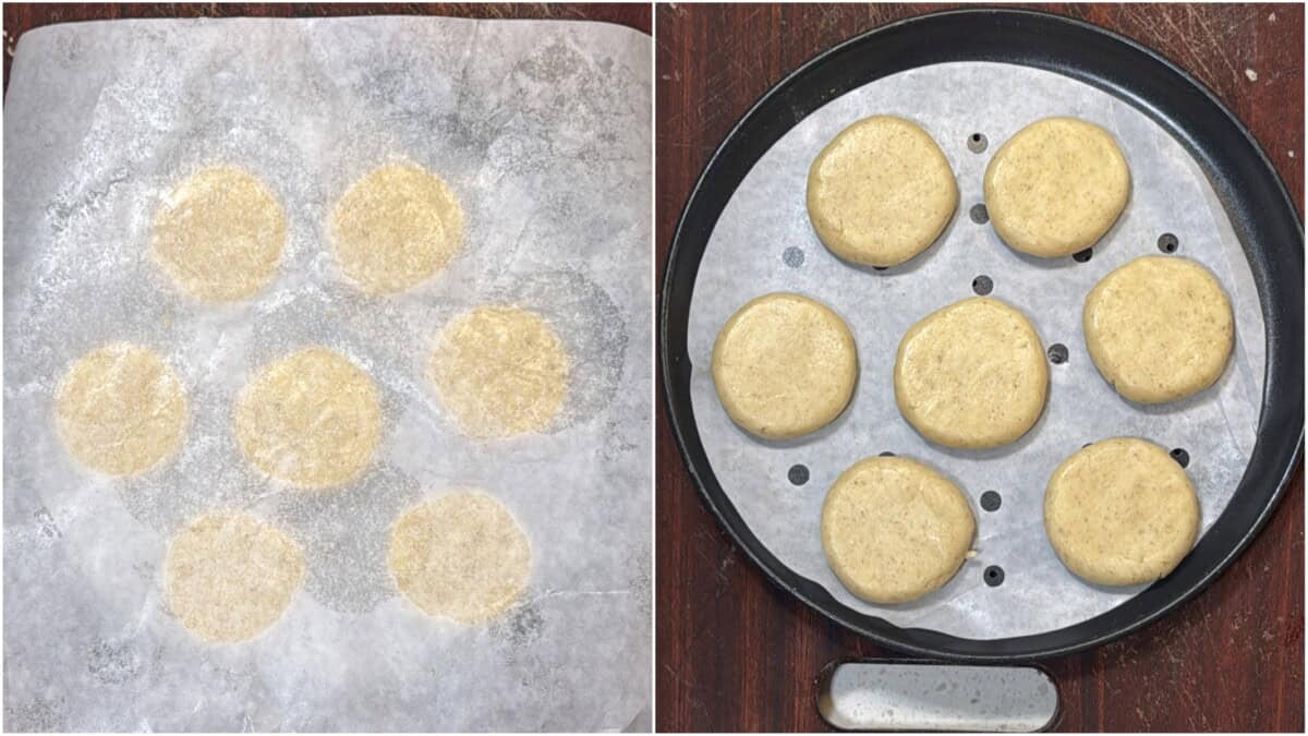 Flattened dough balls prepared on parchment paper and placed on tray