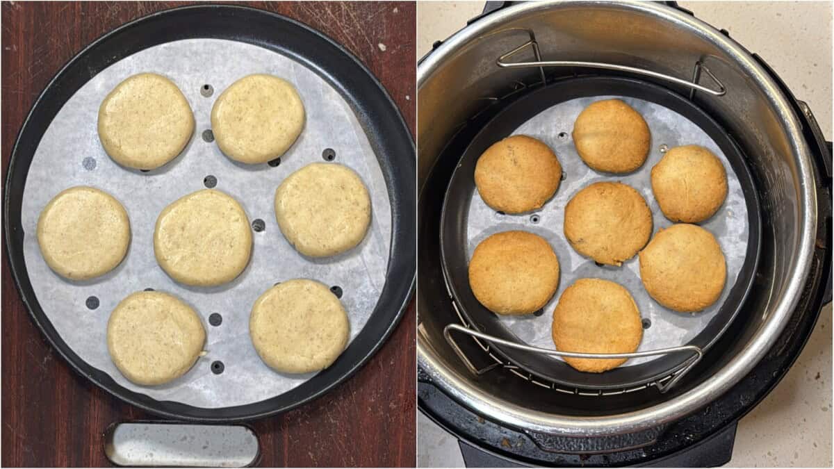 Shaped vegan sugar cookies on baking tray, baked cookies cooling in Instant Pot air fryer