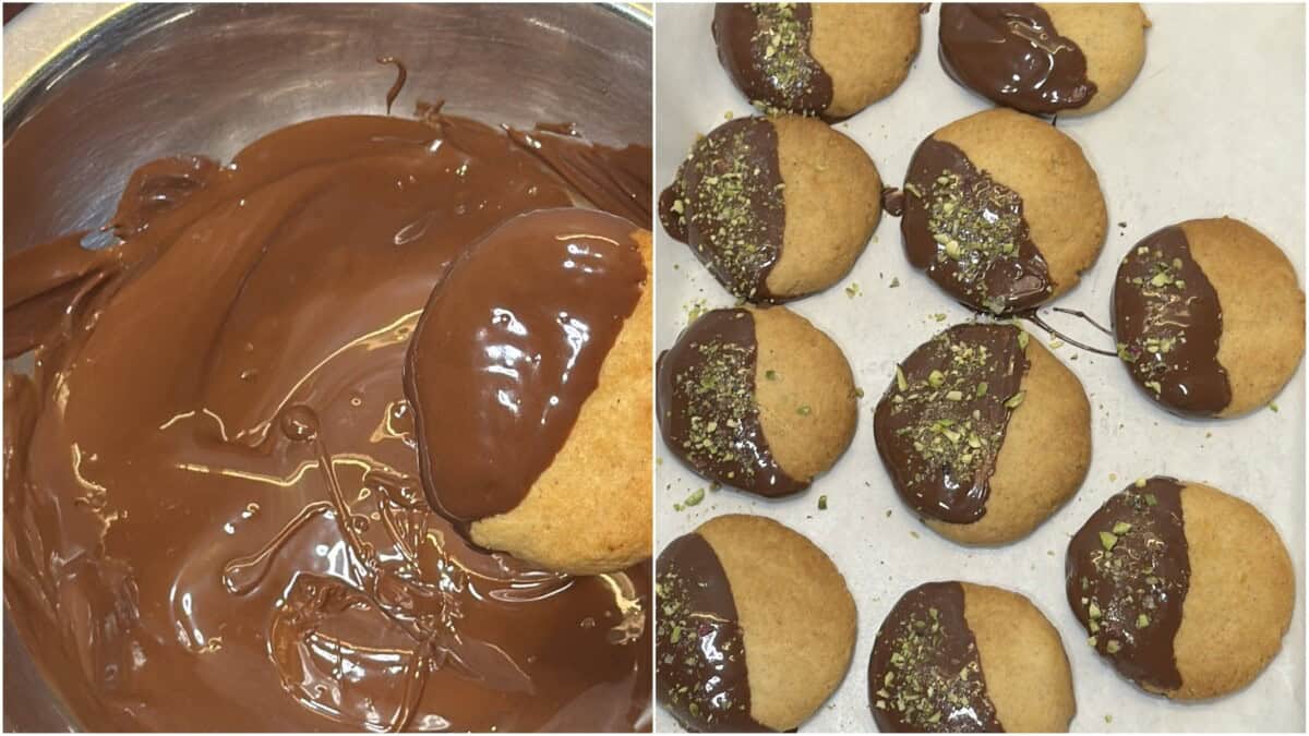 Cookies dipped in melted chocolate and topped with pistachios