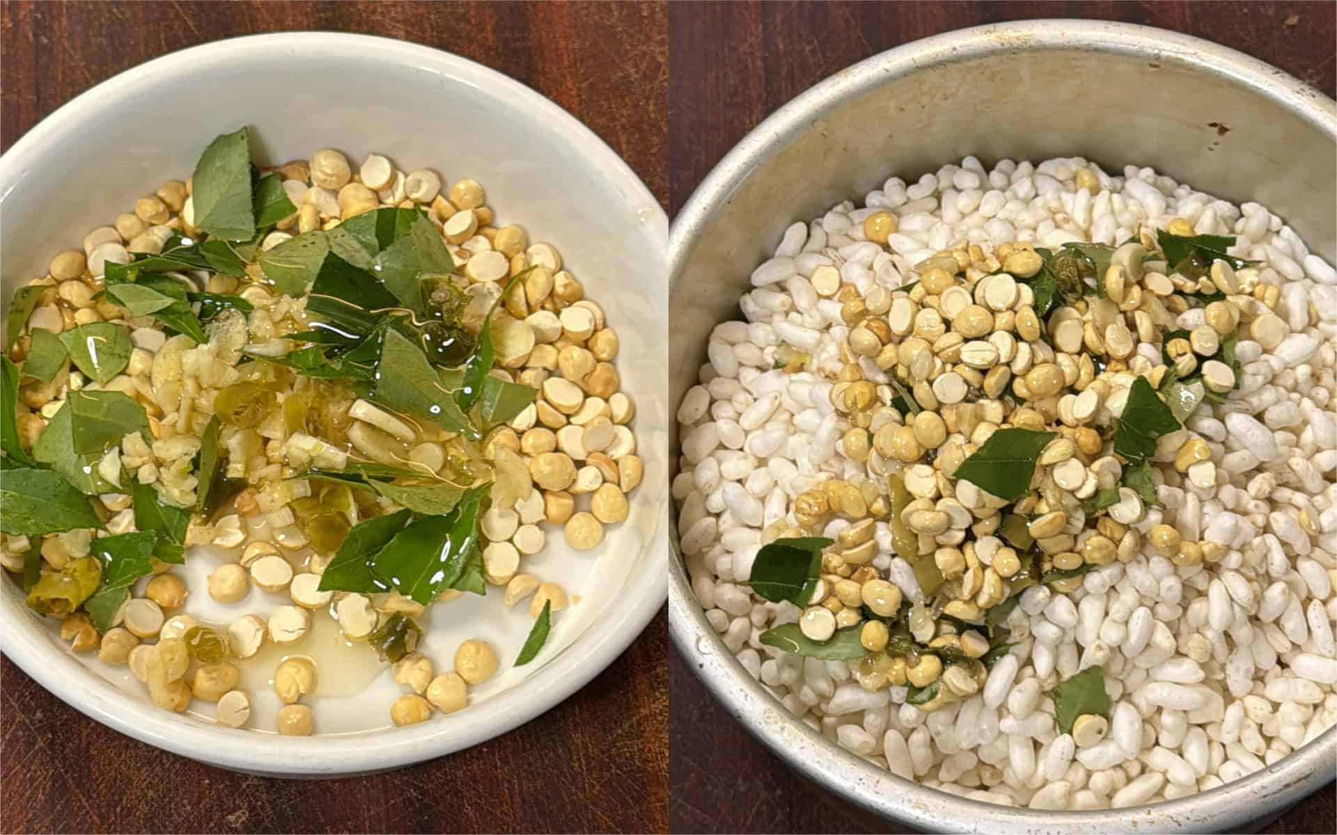 Tempering ingredients with curry leaves garlic peanuts and puffed rice for air fryer murmura chivda
