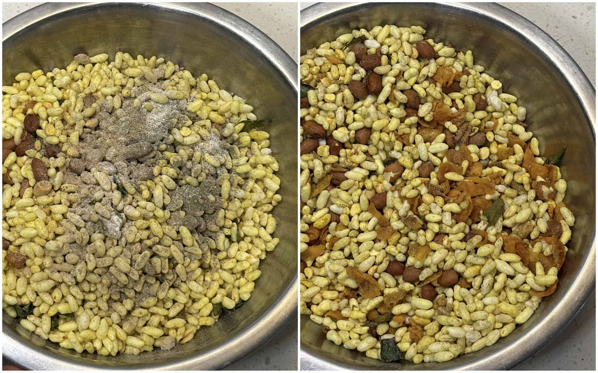 Air fryer murmura chivda mixed with spices peanuts cornflakes and potato chips